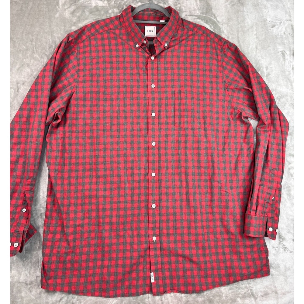 ROWM Men's Red Gray Plaid Button Down XXL‎ Tall 2XT Long Sleeve Button Up Shirt